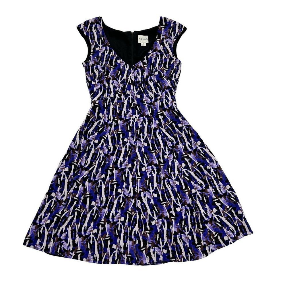 Reiss Purple Abstract Printed Fit And Flare Silk Allegra Mini Dress